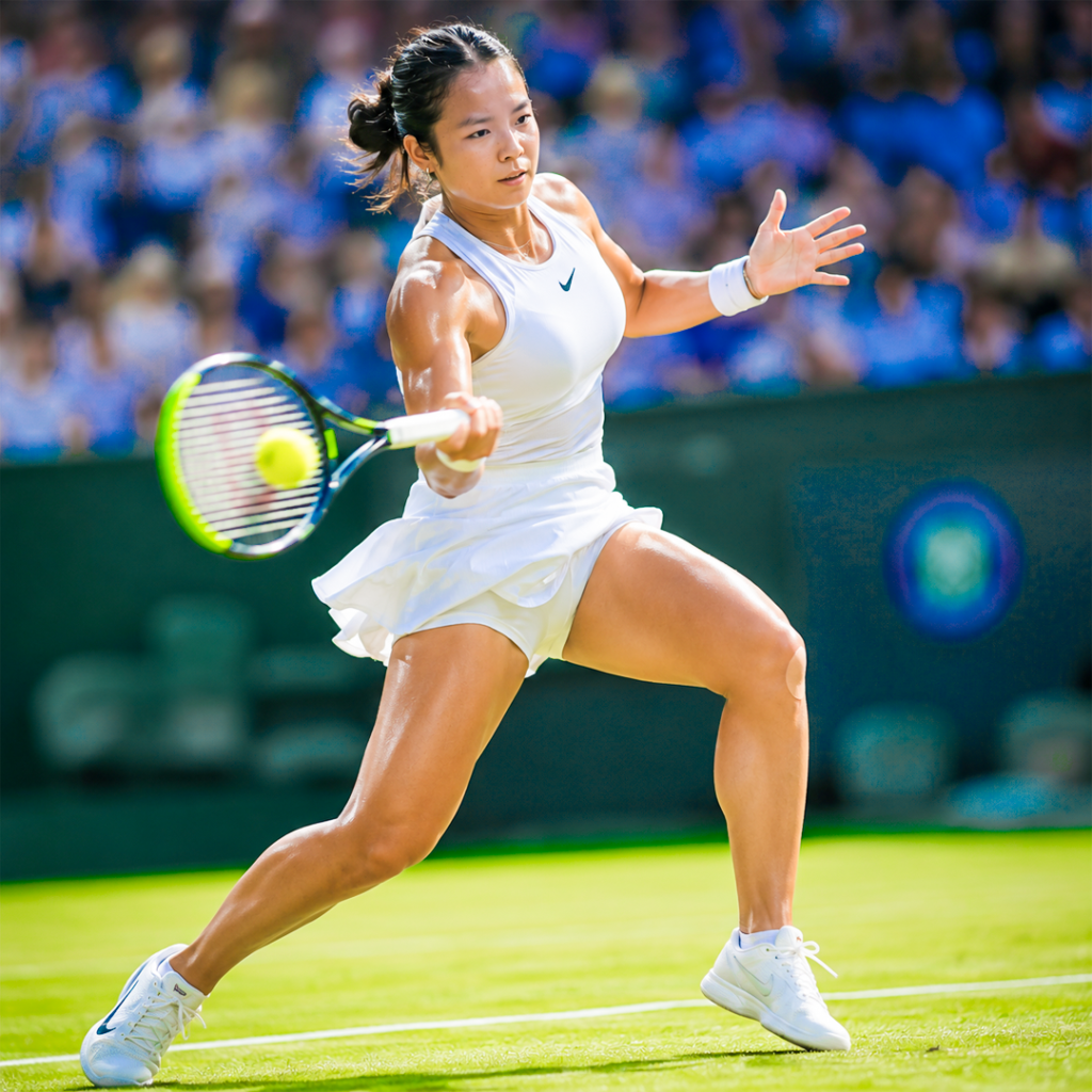 Alex Eala stepping into the court to hit a powerful forehand.