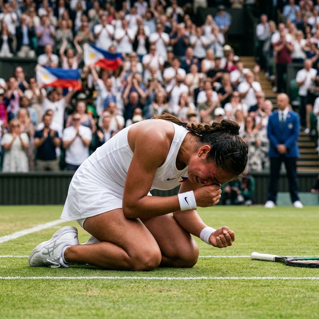 Alex Eala falls to her knees and cries after defeating Iga Świątek at Wimbledon 2026.