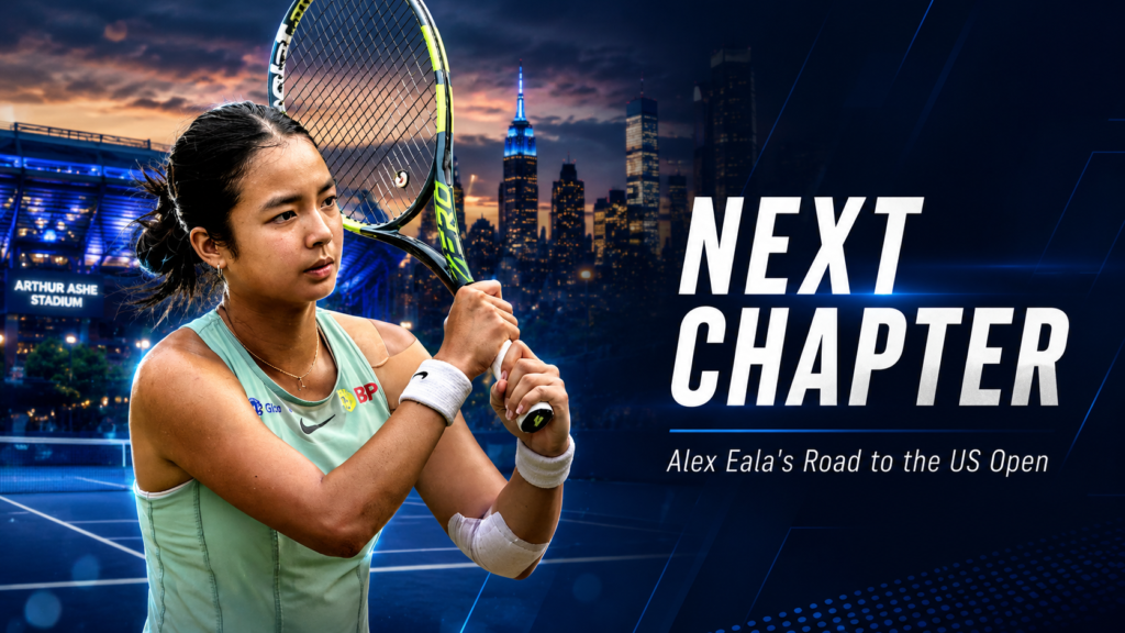 Alex Eala holding a tennis racket against the New York City skyline. Text: Next Chapter: Alex Eala's Road to the US Open